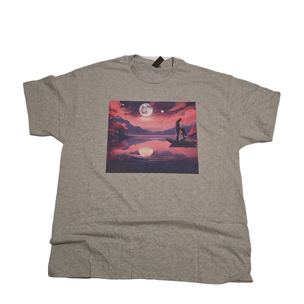 Serene Moonlit Lake Scene Graphic Tee in Soft Heather Gray Cotton